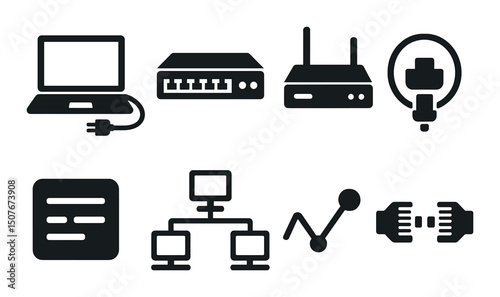Computer network silhouette icons set – connectivity, technology, digital communication symbols