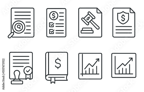 Financial standards outline icons set – regulation, compliance, auditing graphics