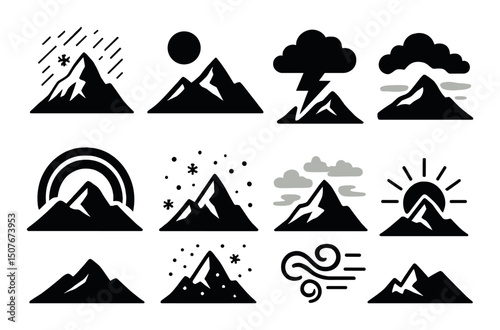 Mountain weather icons set – silhouette style, simple climate and nature symbols
