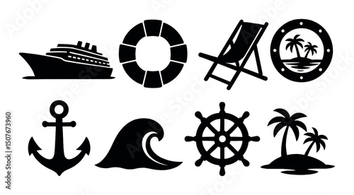 Cruise and vacation icons set - silhouette, holiday and travel graphics