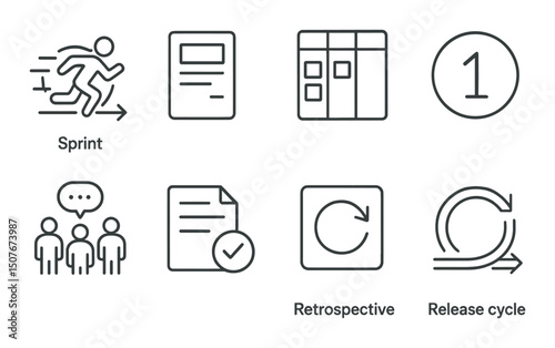 Agile workflow outline icons set – simple, process and productivity symbols