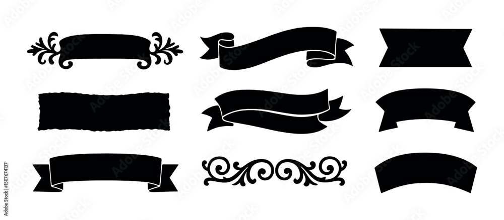 Decorative banner icons set – silhouette, ornamental and festive design elements