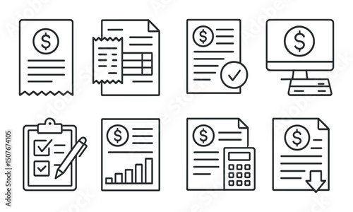 Financial process outline icons set – linear, accounting and business management symbols
