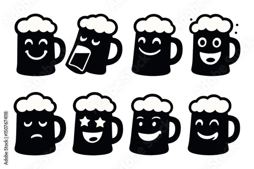 Beer emotions silhouette icons set – outline, mood and expression symbols