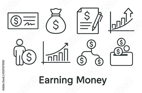 Income and finance outline icons set – economic, business and money symbols