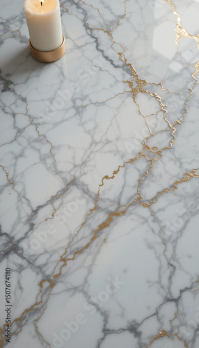 Latar belakang emas corak abu keramik, granite, marmer, tekstur corak abu dan lilin. Top-down view of a single white pillar candle on a luxurious white marble surface with dramatic gold veining. 