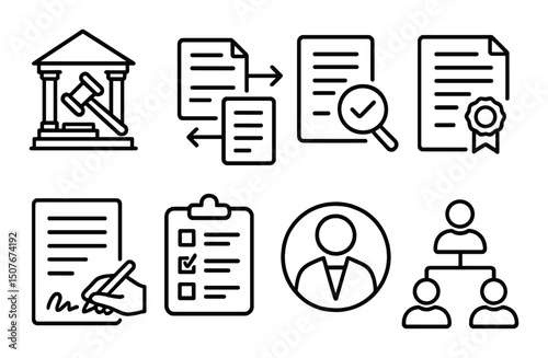 Legal and law outline icons set – silhouette, justice and regulation symbols
