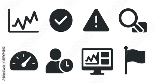 Network monitoring silhouette icons set – analysis, system management symbols