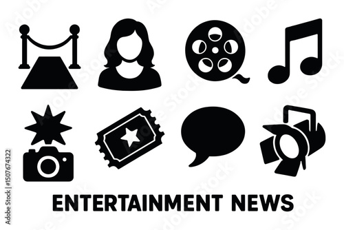 Entertainment and news silhouette icons set – media, celebrity and event symbols