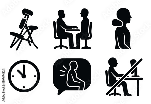 Chair massage silhouette icons set – therapy, wellness and simple relaxation symbols
