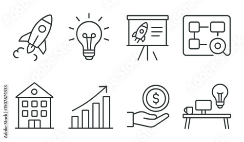 Startup and business linear icons set – outline, entrepreneurship, growth symbols