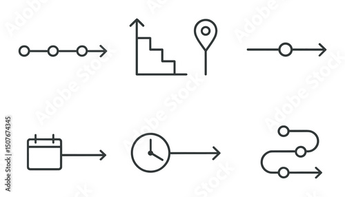 Timeline and milestone linear icons set – outline, progression and history symbols