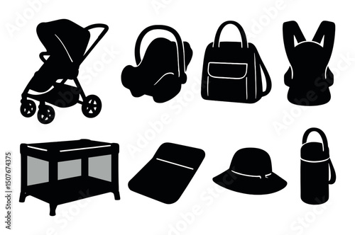 Baby travel essentials silhouette icons set – simple, newborn and infant symbols