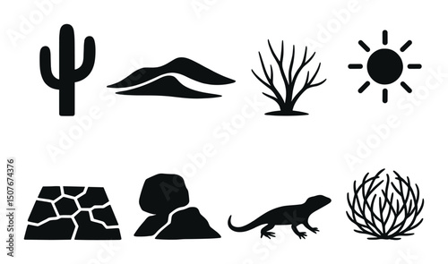 Desert silhouette icons set – simple, nature and wildlife symbols