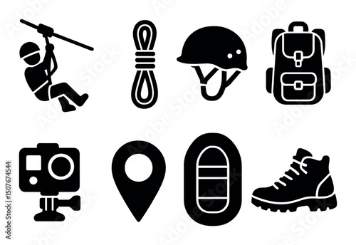 Adventure silhouette icons set – outdoor, exploration, travel symbols