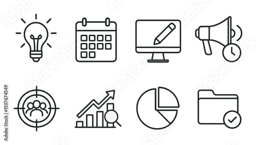 Marketing workflow outline icons set – linear, business and process management symbols