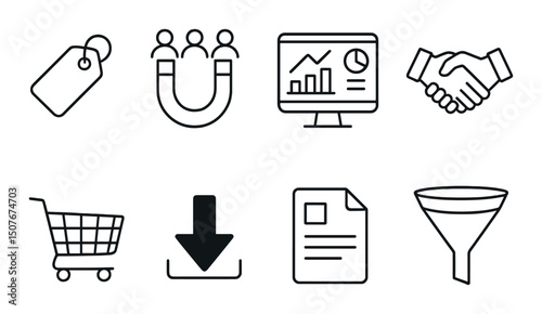 Sales process outline icons set – simple and streamlined business and marketing symbols