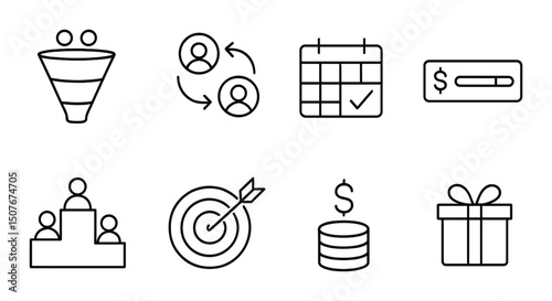 Business and sales outline icons set – organizational, performance, and management symbols