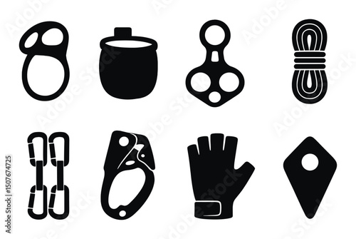Climbing gear silhouettes icons set – bold, adventure and mountaineering symbols