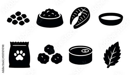 Cat food silhouette icons set – animal nutrition, pet care and feeding symbols