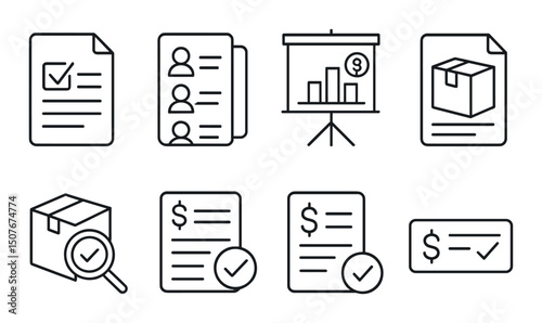 Procurement process outline icons set – supply chain and purchasing symbols