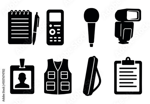 News and journalism silhouette icons set – media and reporting tools symbols