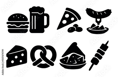 Beer and food silhouette icons set – simple barbecue, snack, and refreshment symbols