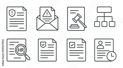 Disciplinary procedure linear icons set – outline, workflow and compliance symbols