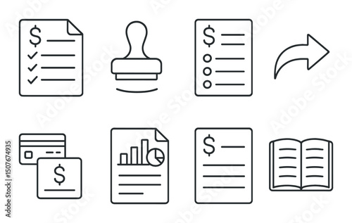 Financial workflow outline icons set – accounting, audit and finance symbols