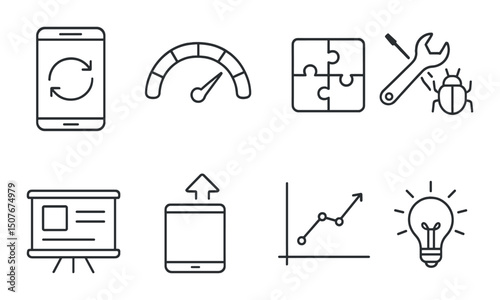 Tech upgrade icons set – outline, technology enhancement and innovation symbols
