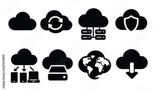 Cloud network silhouette icons set – data, security, backup symbols