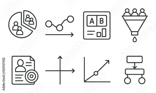 Marketing and analysis outline icons set – linear, data visualization symbols
