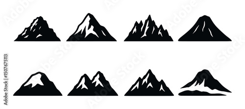 Mountain peaks silhouette icons set – simple, nature and landscape symbols