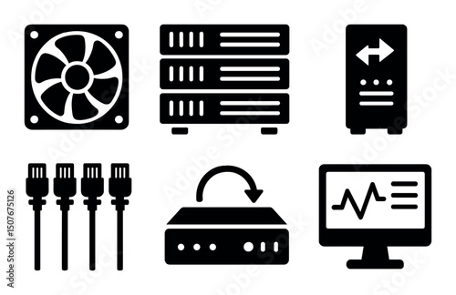 Data center silhouette icons set – network, server and technology symbols