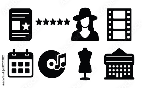 Entertainment and leisure silhouette icons set – film, music, events symbols