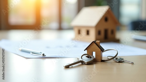 Dream home concept with wooden house, key and contract on the table