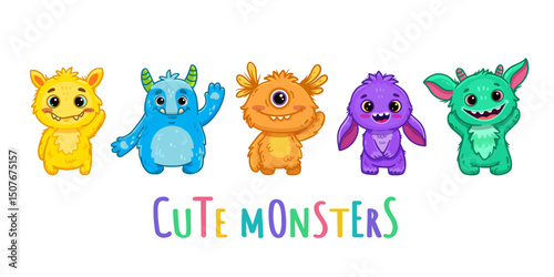 Big set of cartoon monsters. Cute monsters. Kids funny character design for posters, cards., magazins. Vector illustration