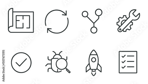 Engineering workflow linear icons set – outline, process and technical symbols