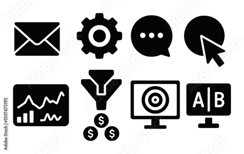 Digital marketing silhouette icons set – simple, business and online campaign graphics