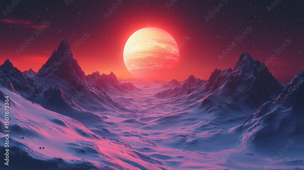Snowy mountain landscape under a red sky with a large, bright celestial body Snowy mountain landscape under a red sky with a large, bright celestial body