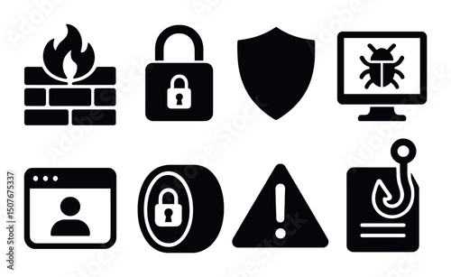 Cybersecurity icons set in silhouette style – security, protection, safety symbols