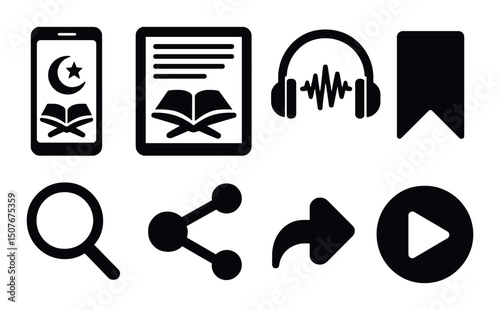 Digital quran silhouette icons set – modern, sleek and minimalist design elements