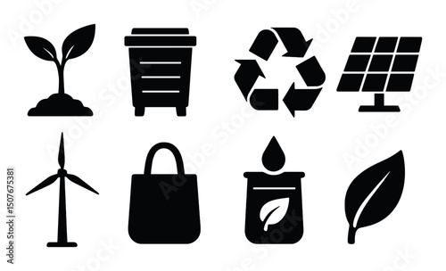 Eco and environment icons set – silhouette, green planet and sustainability symbols