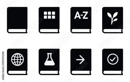 Educational book silhouette icons set – learning, school and study symbol collection