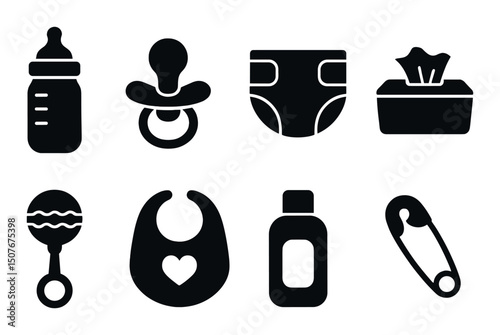 Baby essentials silhouette icons set – simple, childcare and newborn essentials symbols