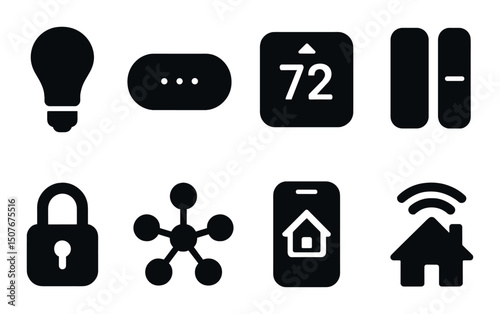 Smart home silhouette icons set – simple, home automation and connectivity symbols
