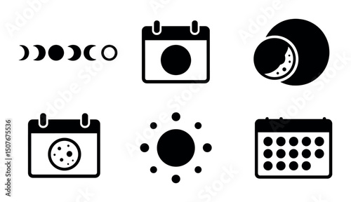 Lunar cycle silhouette icons set – phases, moon symbols and celestial designs