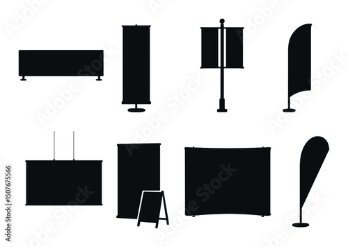 Marketing and advertising icons set – silhouette banners, signs, display elements
