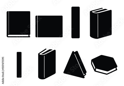 Book shapes silhouette icons set – outline, reading and library symbols
