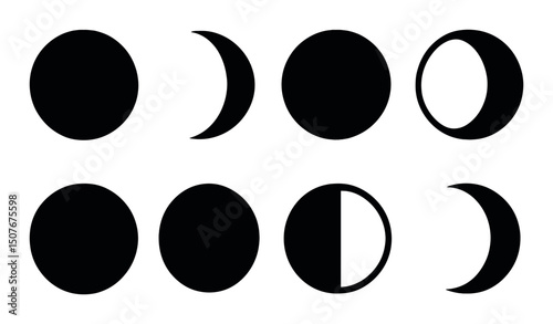 Moon phases silhouette icons set – simple lunar, celestial and astronomy symbols